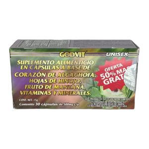 Suplemento alimenticio en cápsulas a base de corazón de alcachofa, hoja de hinojo, fruto de manzana, vitaminas y minerales.
